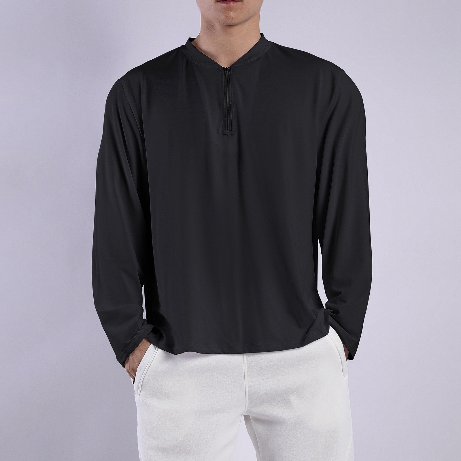 thumbnail image 3 of 2025 Camisa de manga larga con media cremallera para hombre: corte holgado, tejido transpirable, prenda interior deportiva - M-XXXL, 3 of 6